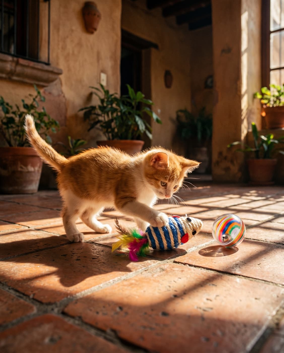 Gatito jugando con el ratón de sisal del catálogo