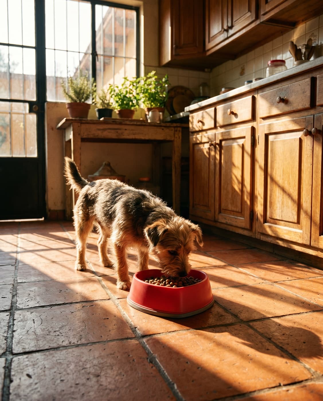 Perro comiendo del comedero de corazón del catálogo