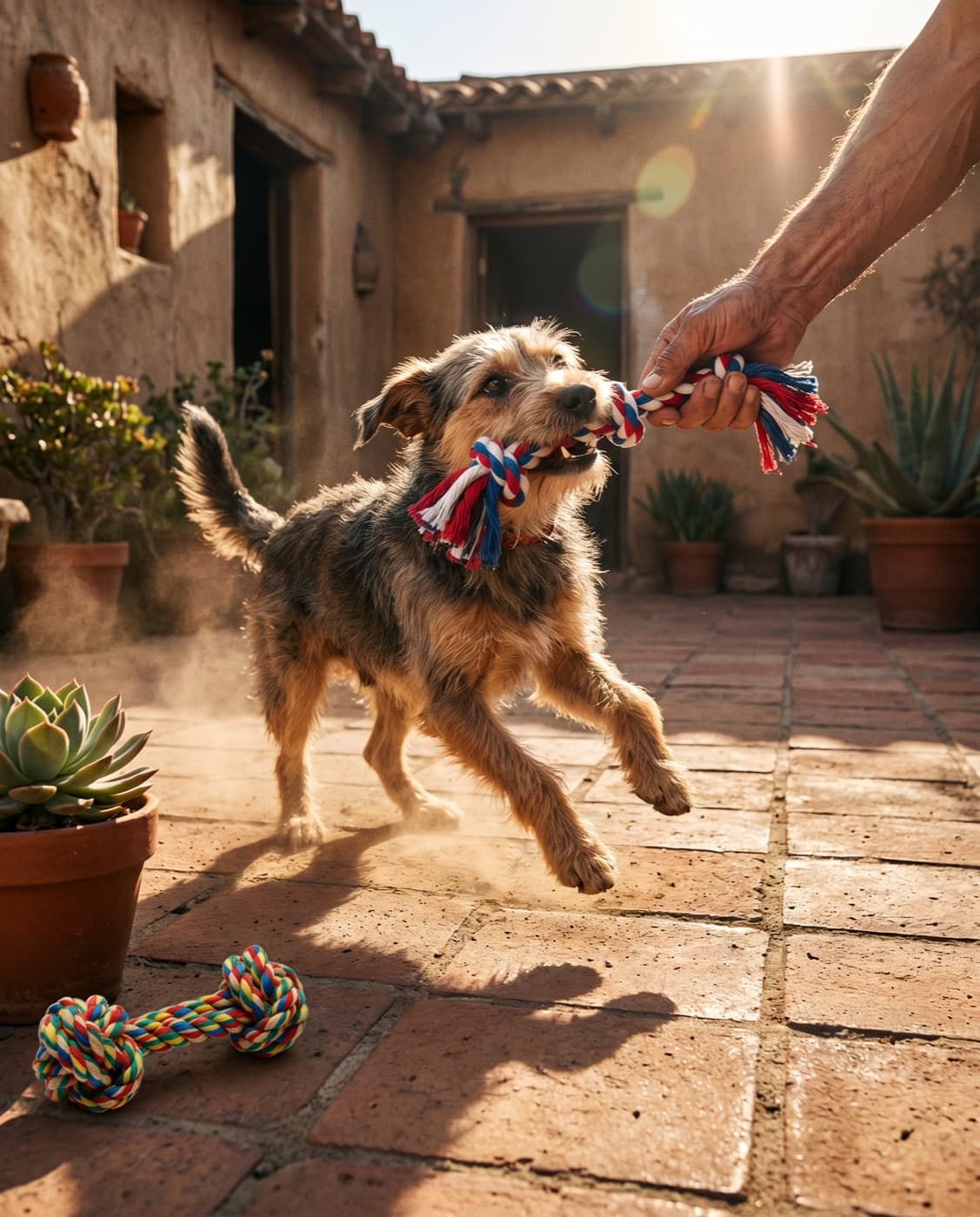 Perro jugando con el juguete de lazo del catálogo